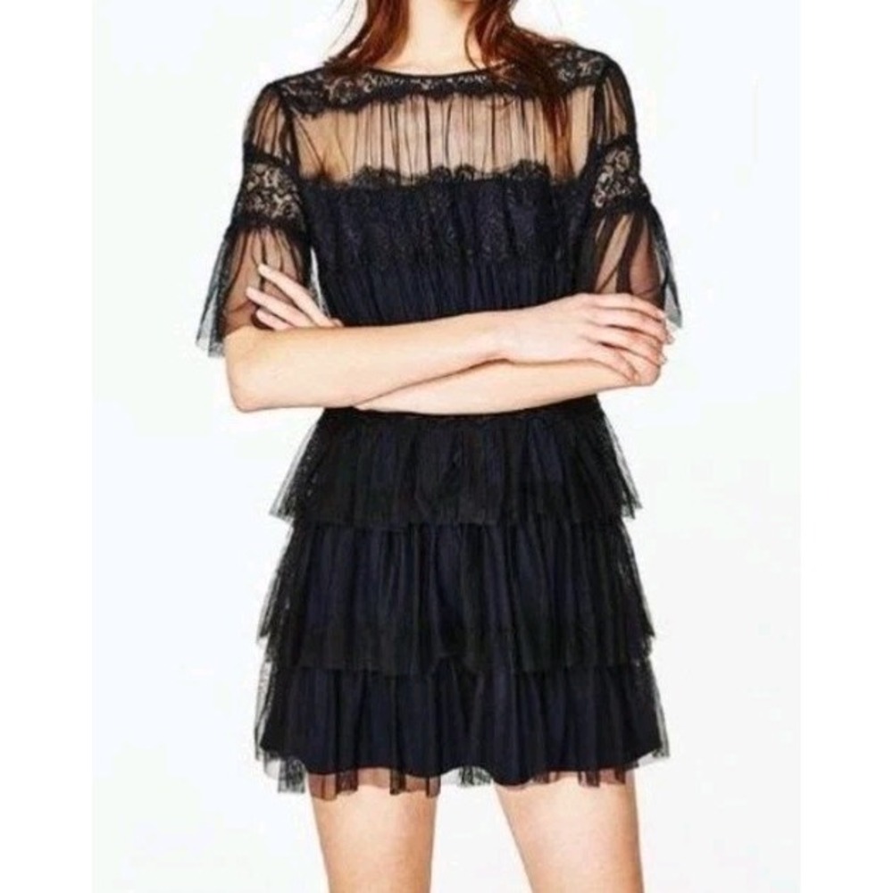 Zara BlackLace And Mesh Tiered Mini Dress Goth "Wednesday Adams" Dark Fairy Sz M